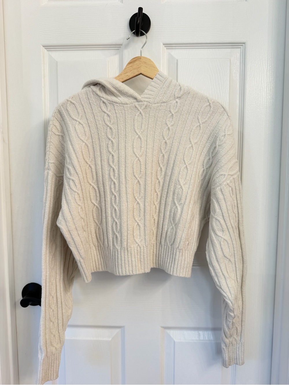 ALO Women's Cream Cable-Knit Hooded Sweater.